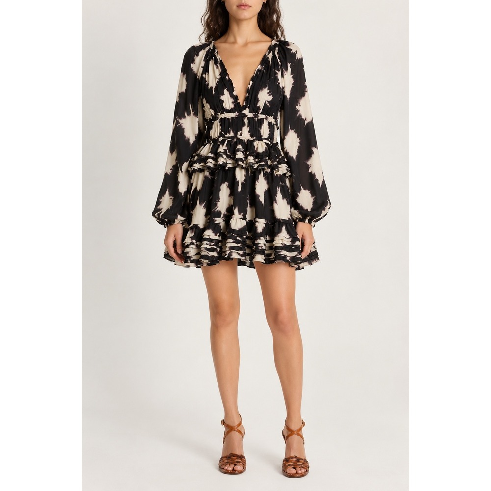 Ulla Johnson Emery Silk Shibori Noir Blur Ruffle Mini Dress V-Neck Size 0